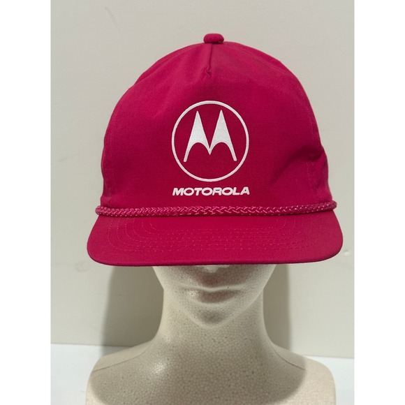 Vintage 80s Motorola Hat Cap Red Adjustable Snapback Logo Rope Accent - Used - Picture 1 of 7